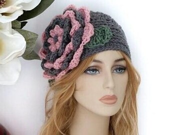 Crochet Hat for Women: Gray Beanie with Oversized Rose