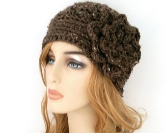 Crochet Winter Beanie with Flower, Womens Accessories