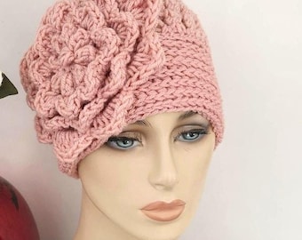 Crochet Beanie with Large Flower: Women's Winter Hat