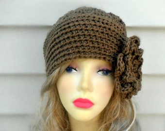 Crochet Womens Hat, Crochet Beanie, Winter Hat, Brown Beanie, Fashion Accessories, Winter Accessories, Hat With Flower, Women's Accessories