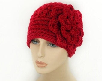 Crochet Women's Winter Hat With Flower, Crochet Women's Hat, Crochet Beanie,  Winter Hat, Red Winter Hat, Women's Accessories, Caps