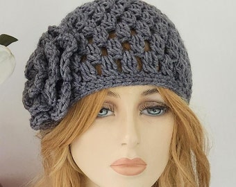Hand Knit Beanie Wool Hat With Crochet Flower in Grey - Etsy