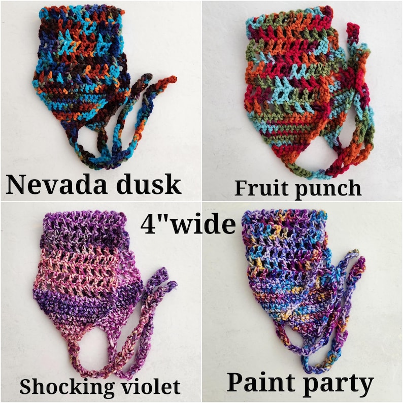 May include: Four crochet headbands, each 4 inches wide, in distinct colorways: Nevada dusk with dark blues and browns, Fruit punch with bright reds and greens, Shocking violet with purple gradients, and Paint party with a multicolored speckled pattern.