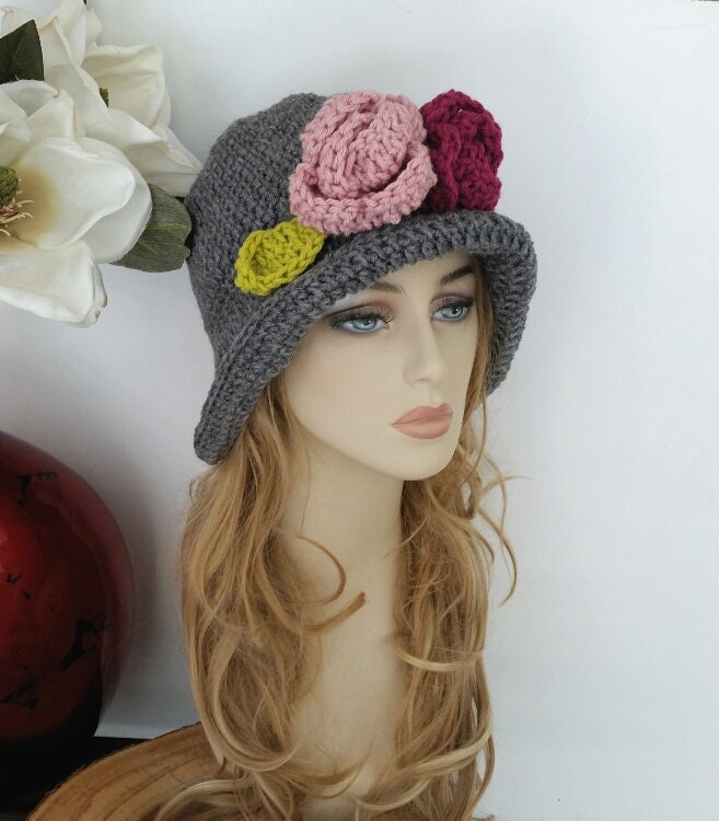 Crochet Cloche Hat With Flower: Gray Winter Accessory - Etsy display picture 2