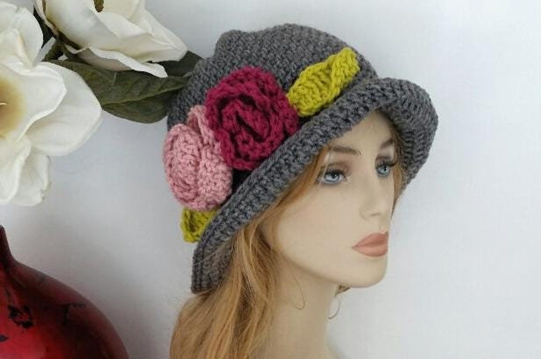 Crochet Cloche Hat With Flower: Gray Winter Accessory - Etsy