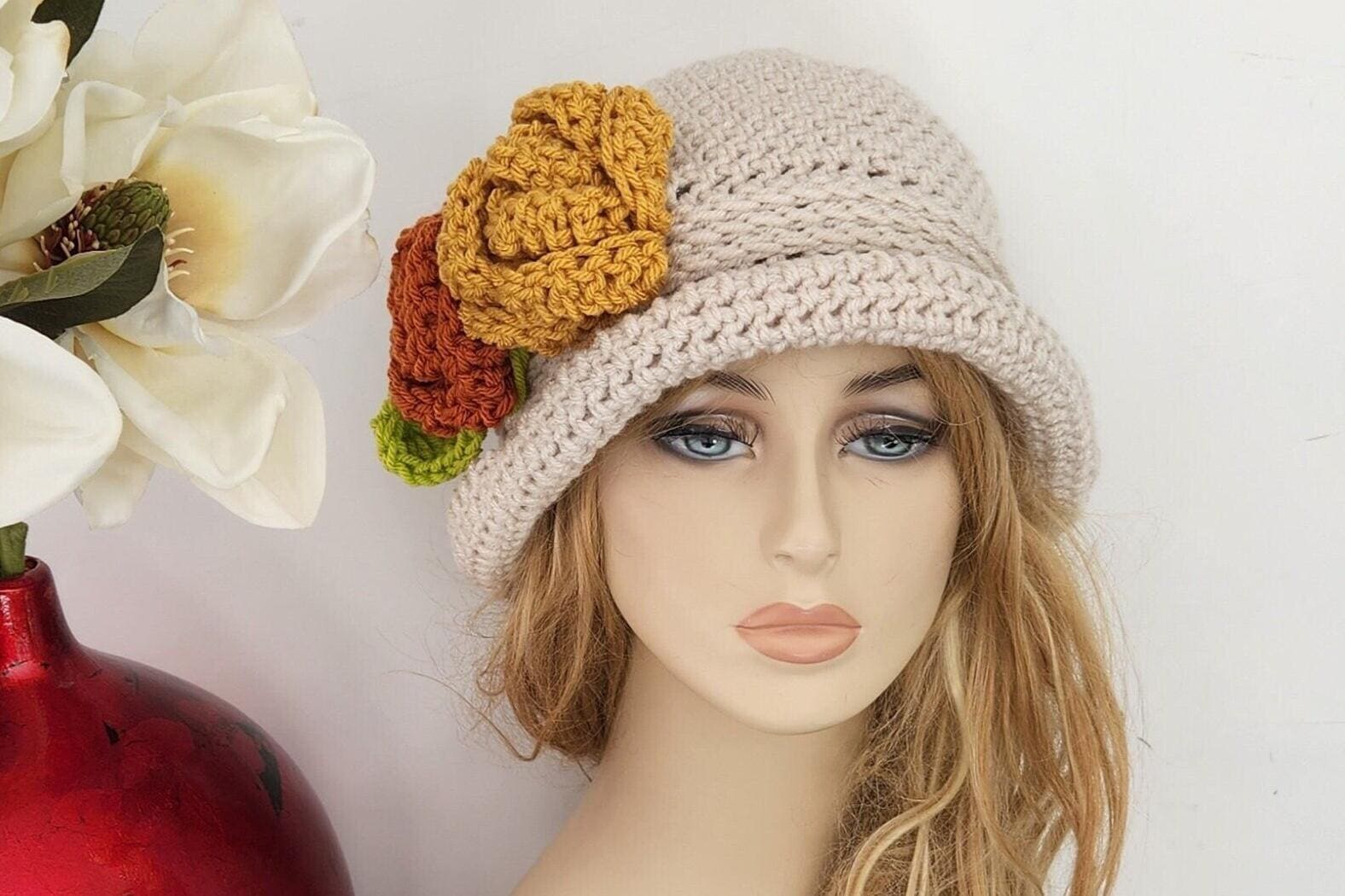 Crochet Cloche Hat, Flapper Style Beanie With Flowers 