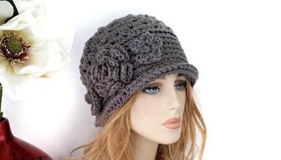 Crochet Cloche Hat: Grey Winter Beanie, Hat With Flower - Etsy