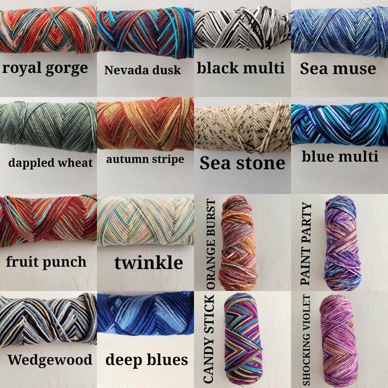 May include: A collection of sixteen skeins of yarn displayed in a grid, each featuring distinct color patterns and labeled with names including royal gorge, nevada dusk, black multi, sea muse, dappled wheat, autumn stripe, sea stone, blue multi, fruit punch, twinkle, candy stick orange burst, paint party, wedgewood, deep blues, and shocking violet.