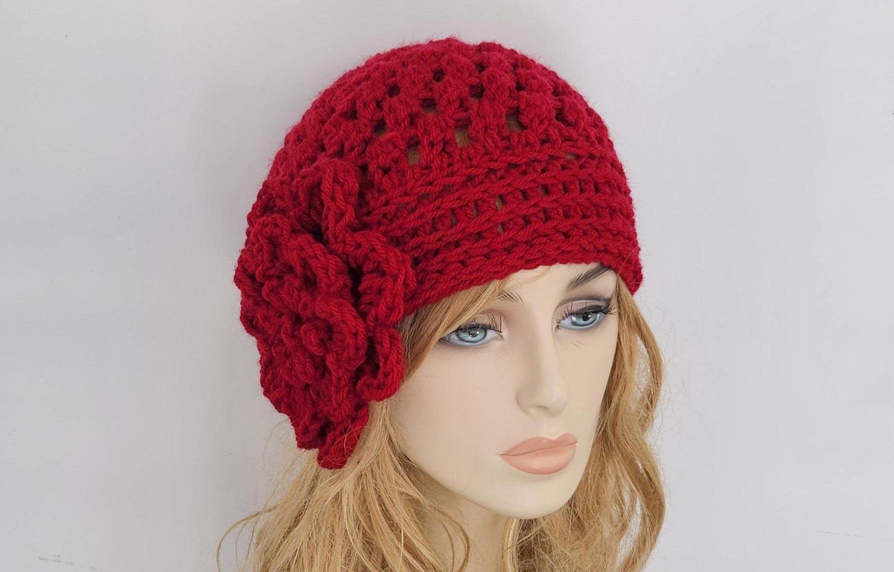 Red Crochet Hat with Floral Accents Red Crochet Beanie Hat With Pink Flower; Cozy Knit Women main image 4