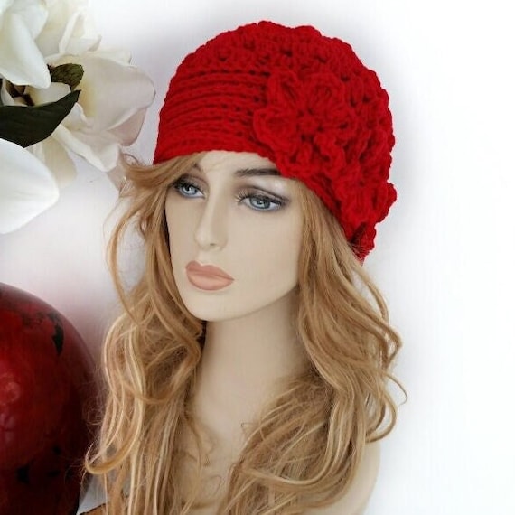 Crochet Red Hat With Flower, Winter Women display picture 1
