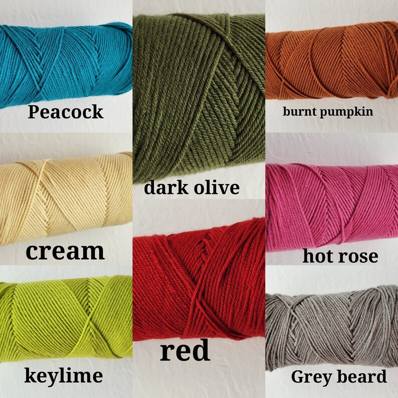 May include: A collection of yarn skeins in various colors, including peacock blue, dark olive green, burnt pumpkin orange, cream, hot pink, red, key lime green, and grey. The yarn is arranged in rows, with the color names written below each skein.