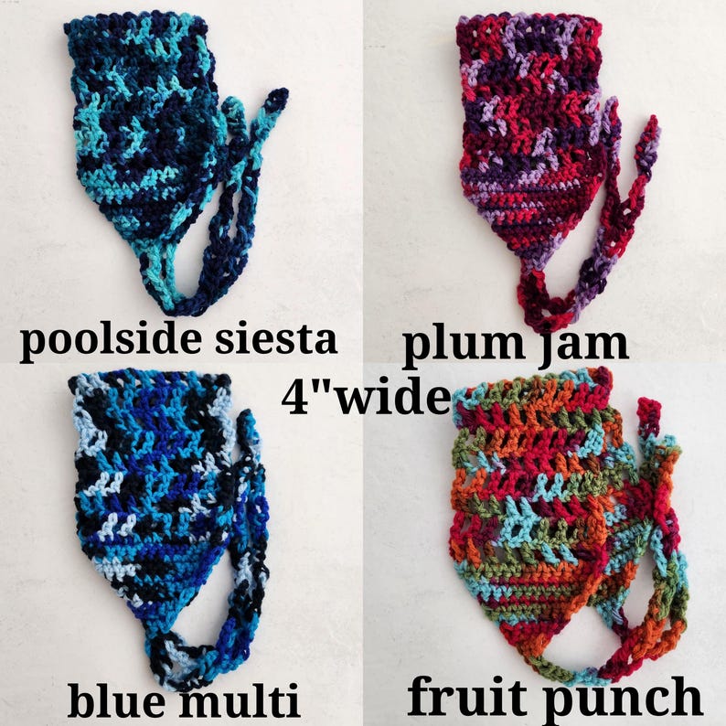May include: Four crochet headscarves, each 4 inches wide, featuring variegated yarn patterns. The colors include shades of blue, purple, and multi-colored tones. Each scarf has attached ties and is labeled as poolside siesta, plum jam, blue multi, and fruit punch.
