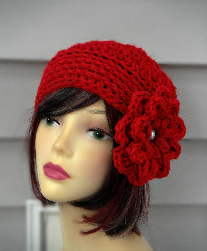 Red Crochet Hat With Flower: Winter Beanie - Etsy display picture 1