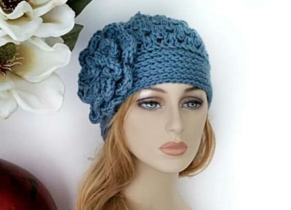 Women\'s Beautiful Style Crochet Blue Flower Brim Knit Winter Warm Hat Cap Awdenio Women main image 2