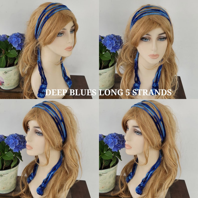 May include: A blue crocheted headband with five long strands hanging down. The headband is worn by a model with long blonde hair. The text "DEEP BLUES LONG 5 STRANDS" is visible in the image.