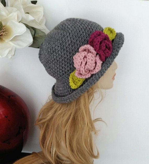 Handmade Gray Crochet Cloche Hat with Floral Accents Charcoal Gray Crochet Hat, Simple Cloche Hat, Soft and Warm  main image 3