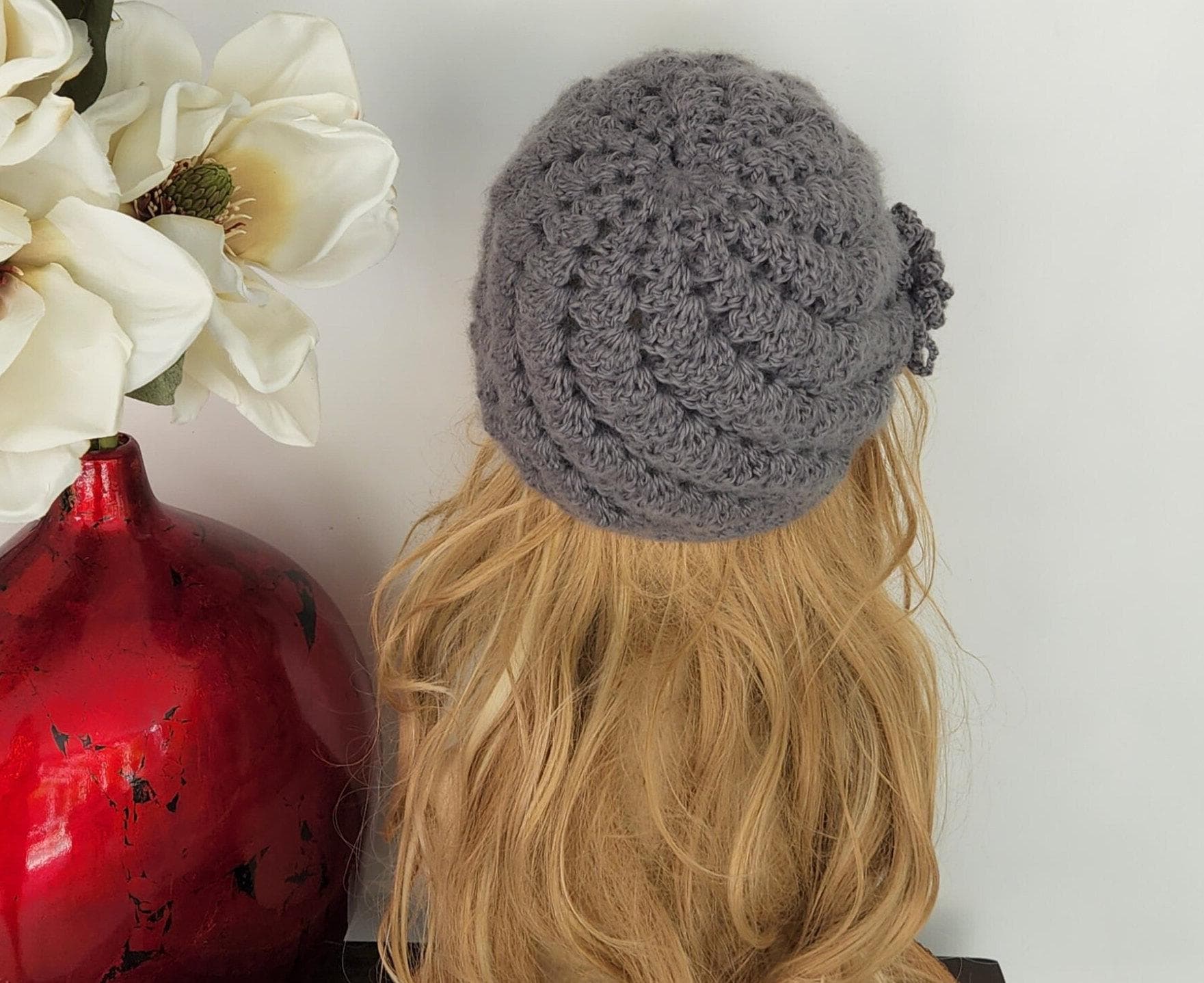 Elegant Gray Crochet Hat with Floral Accents Grey Flower Pattern Crochet Bucket Hat ( Floral Beanie Cap  main image 2