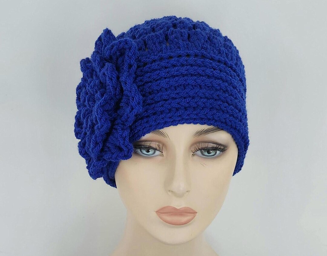 Ladies crocheted hat side tie blue Edwardian Era Inspired Vintage Crochet Hat/ 1920s Vintage  main image 2