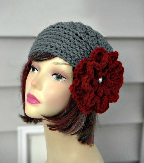 Crochet Grey Beanie, Winter Hat With Flower - Etsy