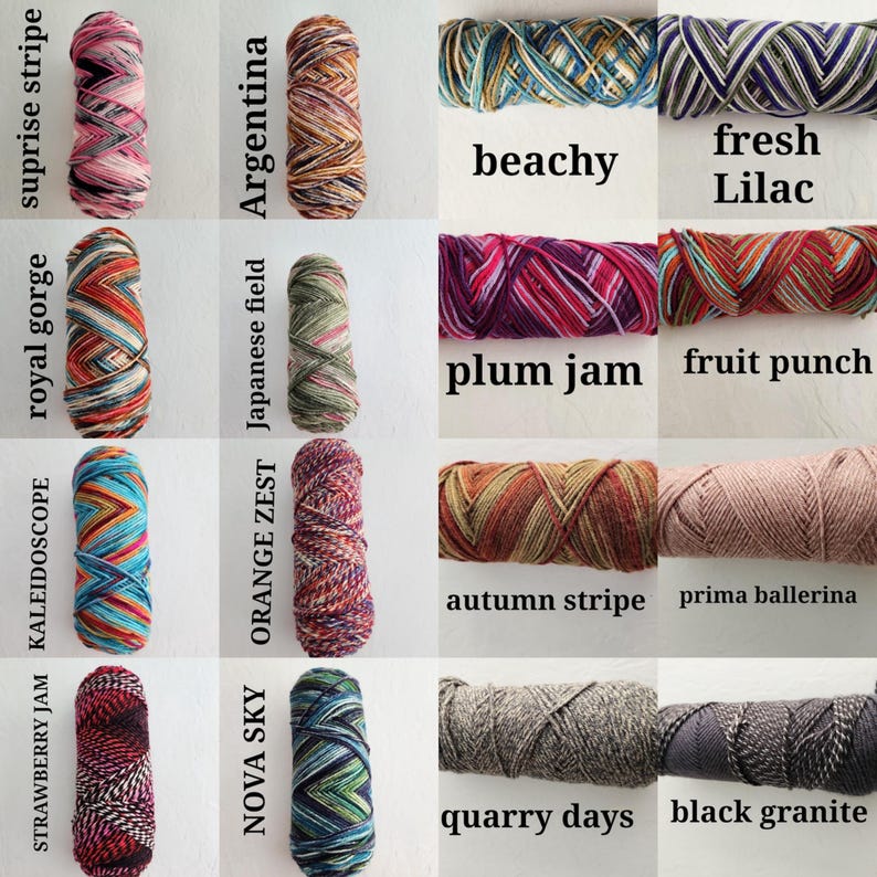 May include: A collection of sixteen yarn skeins displayed in a grid, each labeled with names including suprise stripe, Argentina, beachy, fresh Lilac, royal gorge, Japanese field, plum jam, fruit punch, KALEIDOSCOPE, ORANGE ZEST, autumn stripe, prima ballerina, STRAWBERRY JAM, NOVA SKY, quarry days, and black granite.
