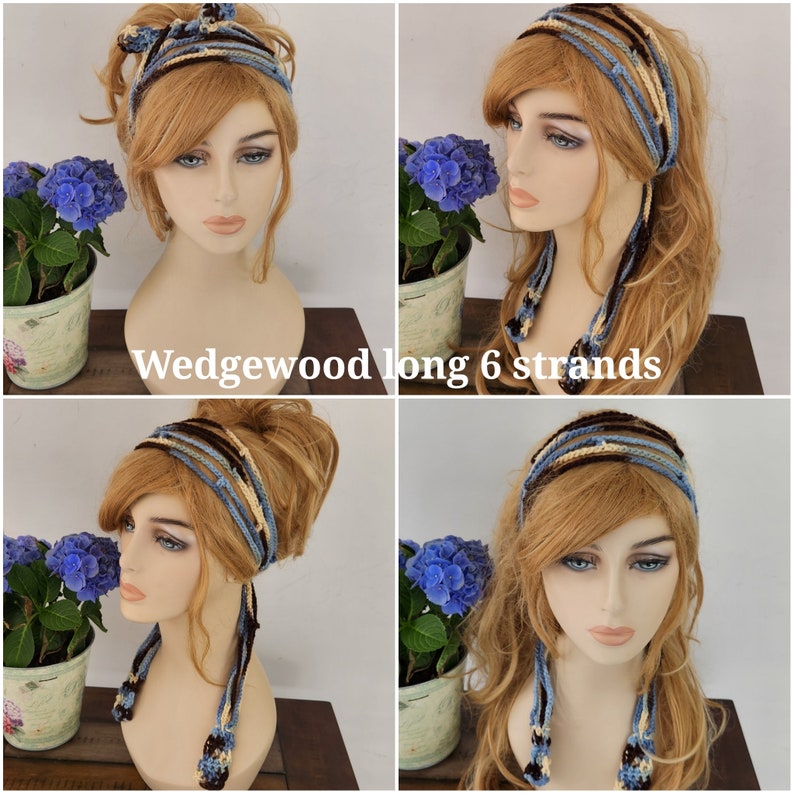 May include: Four models wearing a blue and brown crocheted headband with long strands hanging down the back. The headband is called "Wedgewood long 6 strands".
