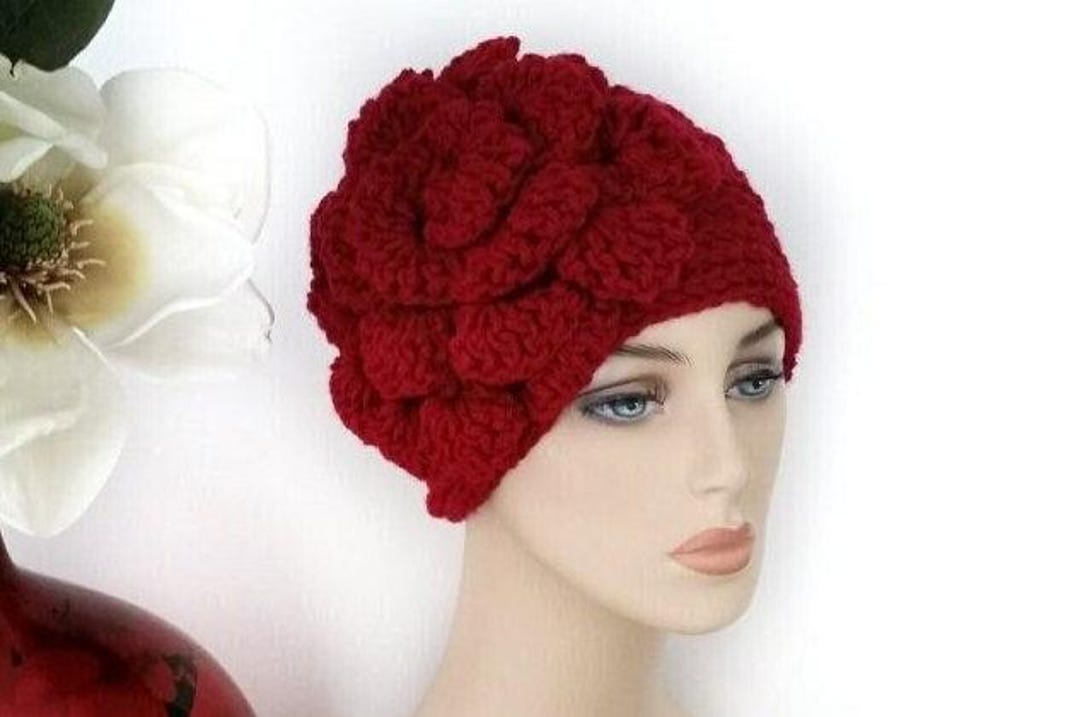 Crochet Winter Hat With Large Flower - Women's Burgundy Beanie - Etsy