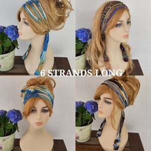 May include: Four different crocheted headbands in various colors, including blue, brown, and purple. Each headband is made with six strands of yarn and is long enough to tie in the back. The headbands are shown on mannequins with long, wavy hair.