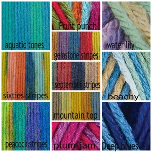 May include: A collage of colorful yarn skeins, each with a unique color palette. The yarn colors include aquatic tones, fruit punch, water lily, gemstone stripes, sixties stripes, september stripes, beachy, mountain top, peacock stripes, plum jam, and deep blues.