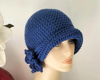 Crochet Cloche Hat, Winter Hat with Flower, Women's Hats