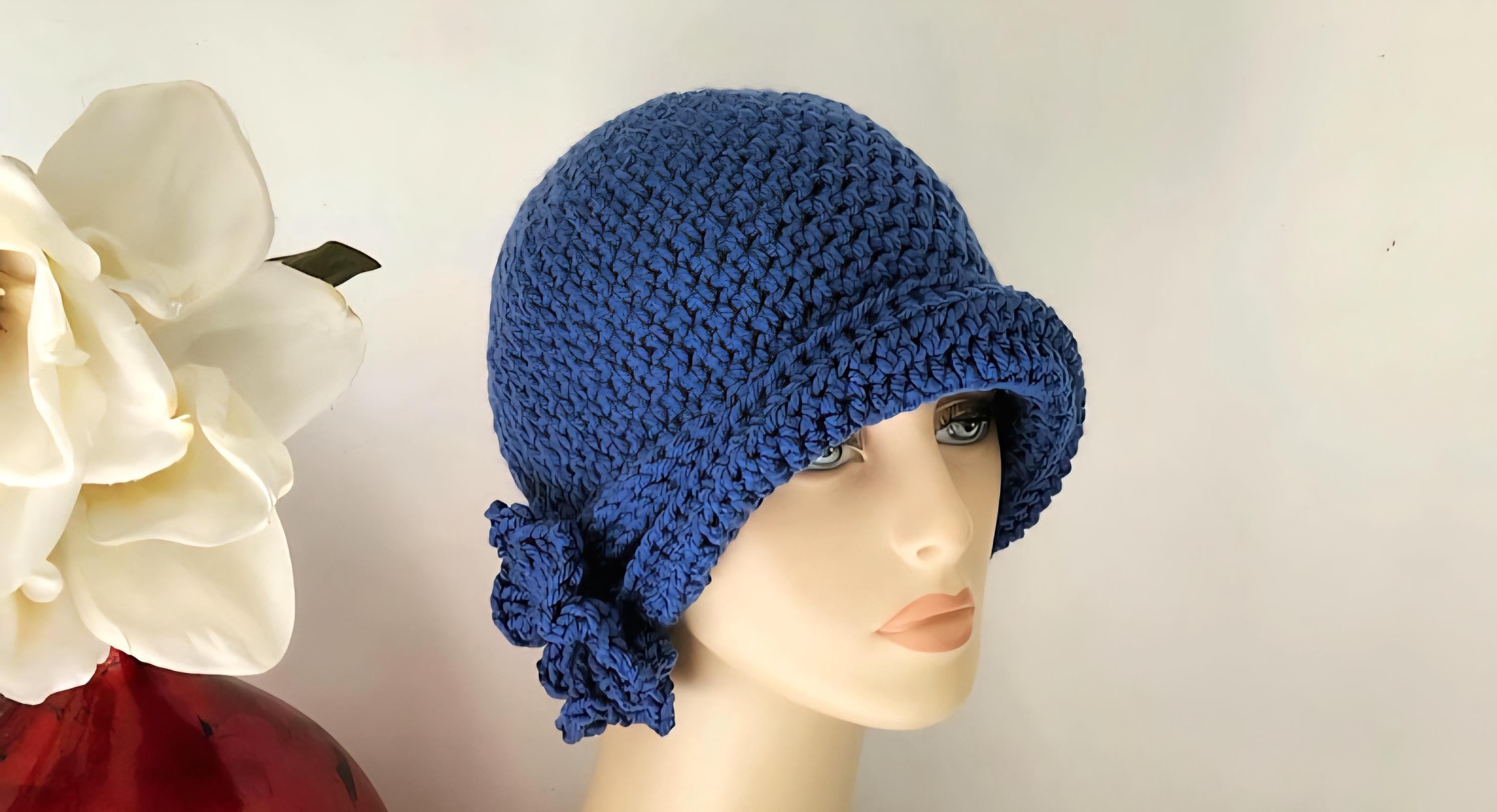 Black Crochet Cloche Hat with Olive Trim and Accent Buttons Olive Green Stonewash Cotton Brim Crochet Cloche Hat  main image 2