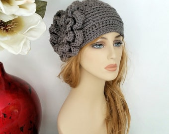 Grey Crochet Hat, Womens Winter Hat, Crochet Accessories, Winter Accessories, Hat With Flower, Crochet Beanie,  Grey Beanie, Flower  Beanie