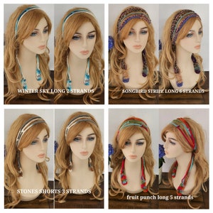 May include: Four different crocheted headbands with long strands hanging down. The headbands are in various colors and patterns, including winter sky, songbird stripe, stones shorts, and fruit punch. Each headband is shown on a mannequin with long, straight, light brown hair.