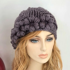 Crochet Women's Hat, Handmade Flower Beanie, Grey Winter Hat for Women