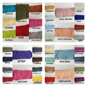May include: A collection of yarn skeins in various colors, including peacock, cream, keylime, clover, navy, blue spruce, dark olive, burnt pumpkin, sungold, ivory, glacier, rosy cheeks, royal, hot rose, soft blue, red, grey beard, grape, cranberry, hot rose, terracotta, menthe, cherry blossom, spa, dark denim, lemon ice, hot orchid, sea blue, coffee, ocean, country blue, antique teal, toasted almond, yellow, fire red, light peach, light sage, and mixed berry.