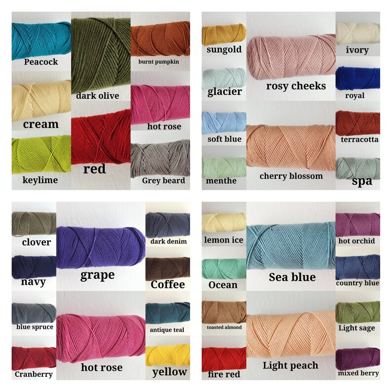 May include: A collection of yarn skeins in various colors, including peacock, cream, keylime, clover, navy, blue spruce, dark olive, burnt pumpkin, sungold, ivory, glacier, rosy cheeks, royal, hot rose, soft blue, red, grey beard, grape, cranberry, hot rose, terracotta, menthe, cherry blossom, spa, dark denim, lemon ice, hot orchid, sea blue, coffee, ocean, country blue, antique teal, toasted almond, yellow, fire red, light peach, light sage, and mixed berry.