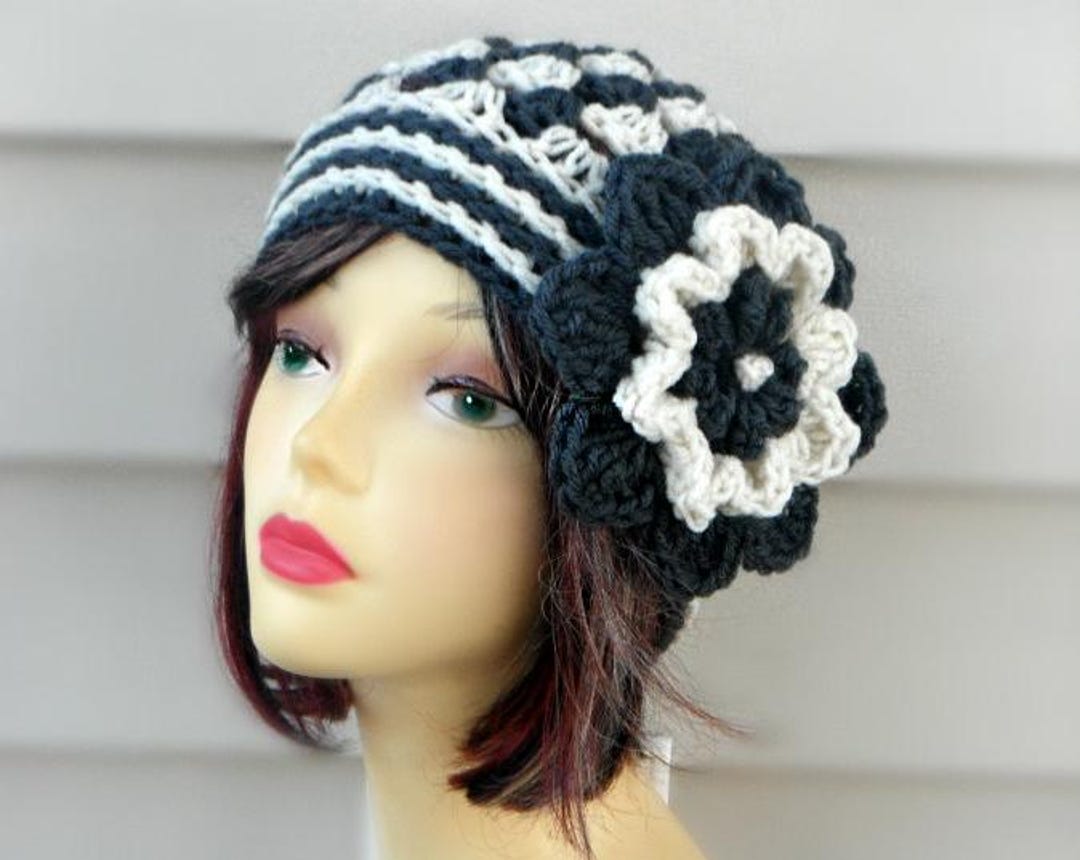 Gray Crochet Beanie Hat With Flower: Women's Winter Accessory - Etsy