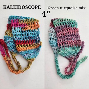 May include: Two 4-inch crochet head coverings with ties. The left item is labeled KALEIDOSCOPE and features a multi-colored yarn pattern of red, orange, yellow, blue, and green. The right item is labeled Green turquoise mix with purple and teal tones.