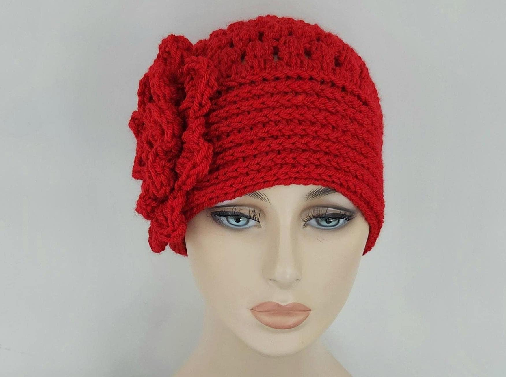 Red Crochet Hat with Floral Accents Red Crochet Beanie Hat With Pink Flower; Cozy Knit Women main image 2