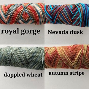 May include: Four skeins of yarn arranged in a grid. Top left is royal gorge with red, orange, and cream tones. Top right is Nevada dusk with blue, purple, and black. Bottom left is dappled wheat in green and grey. Bottom right is autumn stripe in orange, red, and gold.