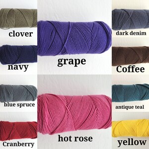 May include: A collection of yarn skeins in various colors, including clover, navy, grape, dark denim, coffee, blue spruce, hot rose, antique teal, cranberry, and yellow.