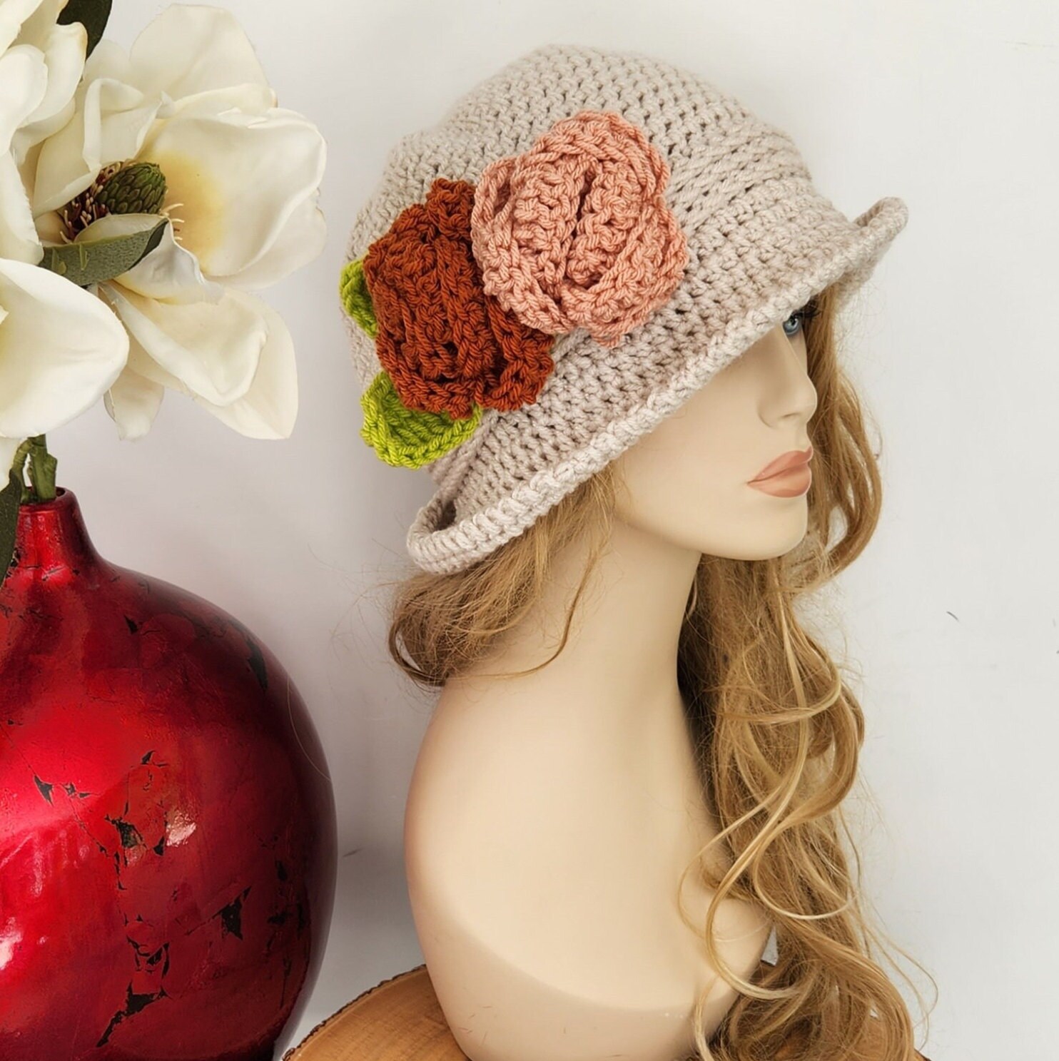 Madison 88 Lined Gray Crochet Cloche Bucket Hat with Floral Accents Cherry on Top Bucket - Vintage Crochet Granny Square Hat  main image 2