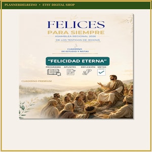 Puede incluir: Una portada de cuaderno de estudio digital titulada FELICES PARA SIEMPRE ASAMBLEA REGIONAL 2026 DE LOS TESTIGOS DE JEHOVÁ. Incluye una ilustración central de una persona con túnica enseñando a un grupo al aire libre, con iconos de notas y metas.