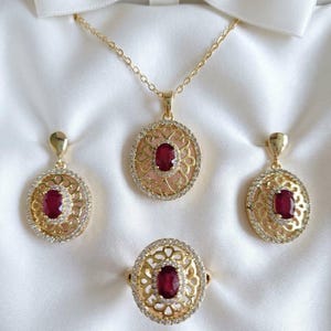 Vintage Ruby Jewelry Set, 17" Gold Oval Filigree Pendant Necklace, Ruby Drop Earrings, Statement Ring, Luxury Gift, Ships from Florida USA