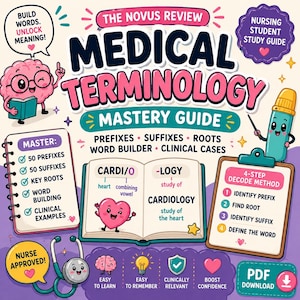 May include: A colorful medical terminology study guide featuring a cartoon brain, a stethoscope, and a highlighter. The text reads The Novus Review Medical Terminology Mastery Guide, including sections on prefixes, suffixes, roots, and a 4-step decode method.