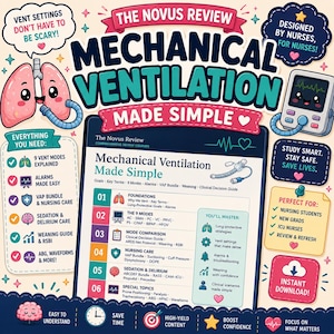Könnte beinhalten: Eine pädagogische Infografik mit dem Titel The Novus Review Mechanical Ventilation Made Simple. Sie zeigt einen zentralen Kursplan mit sechs Modulen, umgeben von Cartoon-Illustrationen von Lungen und einem Monitor sowie Textfeldern zu Themen.