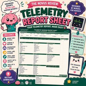 May include: A Telemetry Nursing Report Sheet by The Novus Review featuring sections for patient info, vitals, cardiac, respiratory, GI, nutrition, IV access, and discharge planning. The document is surrounded by cartoon illustrations of a brain and monitor.