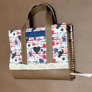 Handmade  Patriotic Bible Cover with Handles | Patchwork Fabric, Leather-Look & Lace | Quilted Bible Carrier | Christian Gift for Women