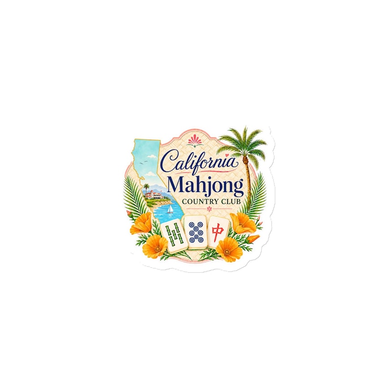 May include: A die-cut sticker featuring the text California Mahjong Country Club, a map of California, a palm tree, orange poppy flowers, and three mahjong tiles with green bamboo, blue circles, and a red Chinese character on a cream background.
