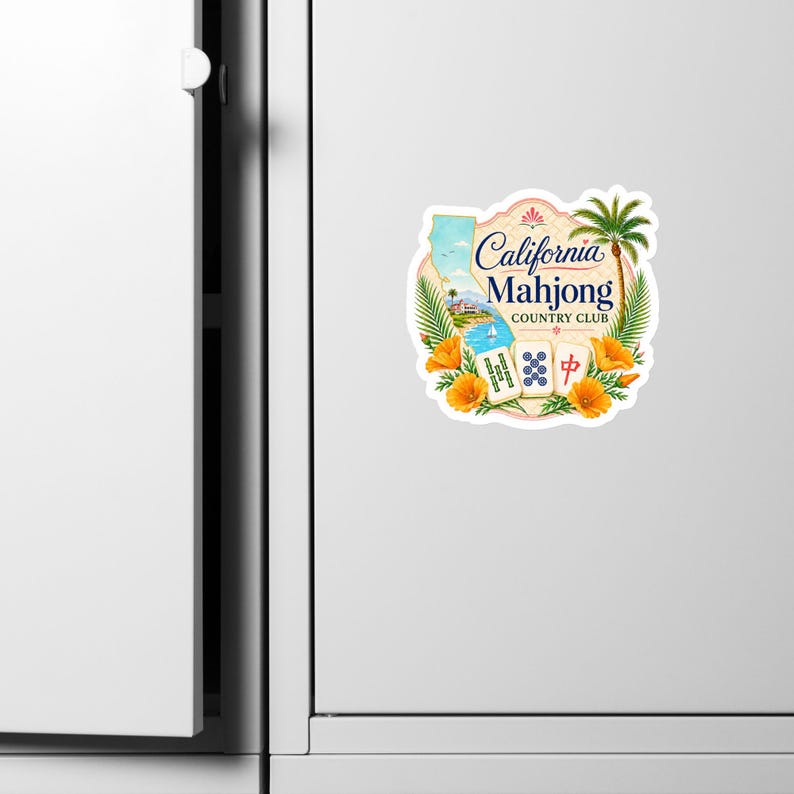 May include: A sticker featuring the text California Mahjong Country Club, a map of California, a palm tree, orange poppies, and three mahjong tiles. The design includes a coastal scene with a sailboat and blue water, all framed by foliage.