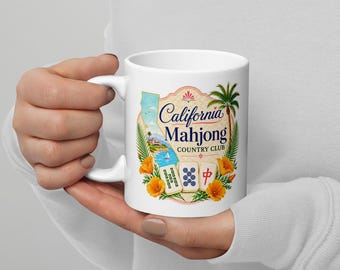 California Mahjong Country Club witte glanzende mok, Game Nite, Bam, Crak, Dot, Mahjong-cadeau